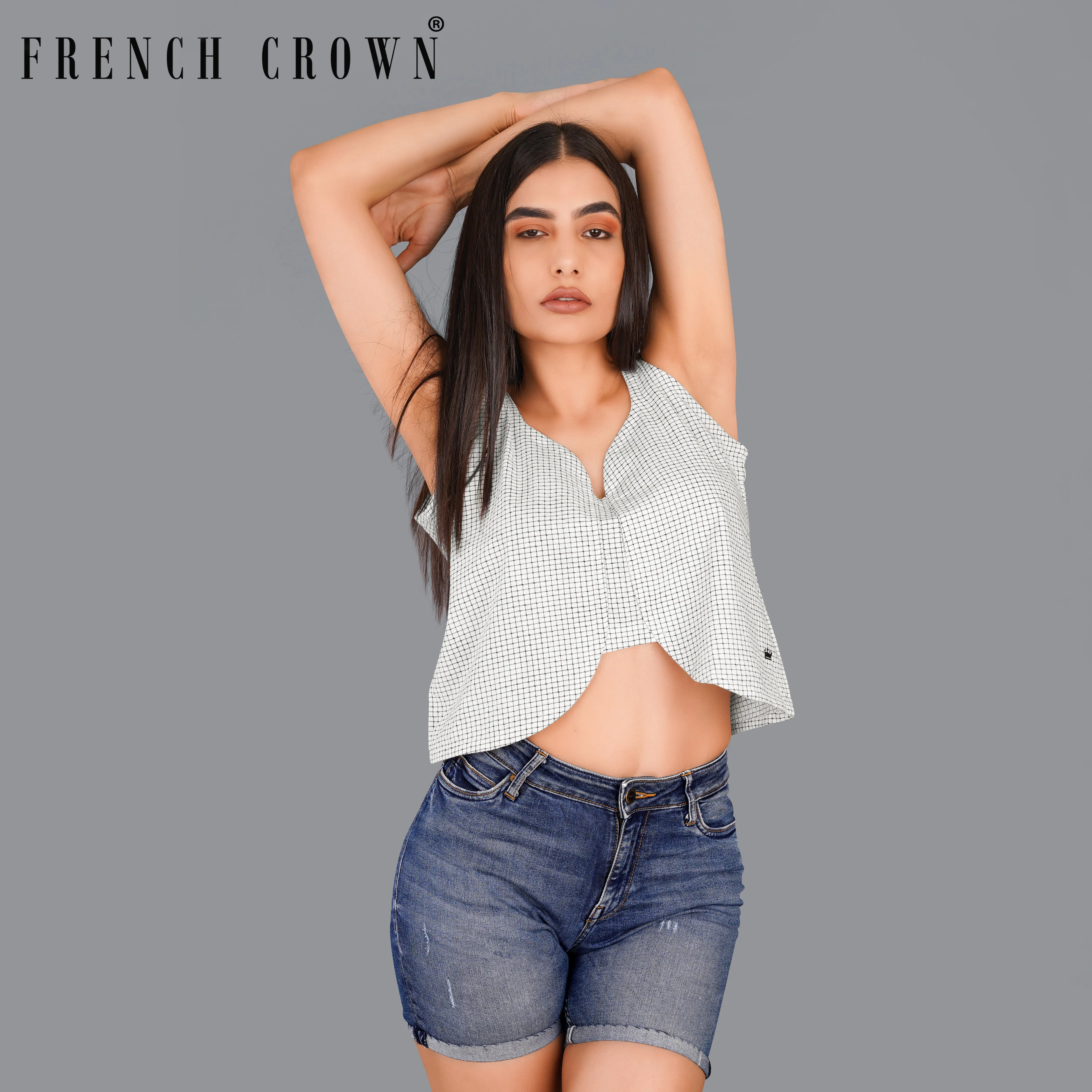 Bright White and Black Checkered Premium Cotton Crop Top