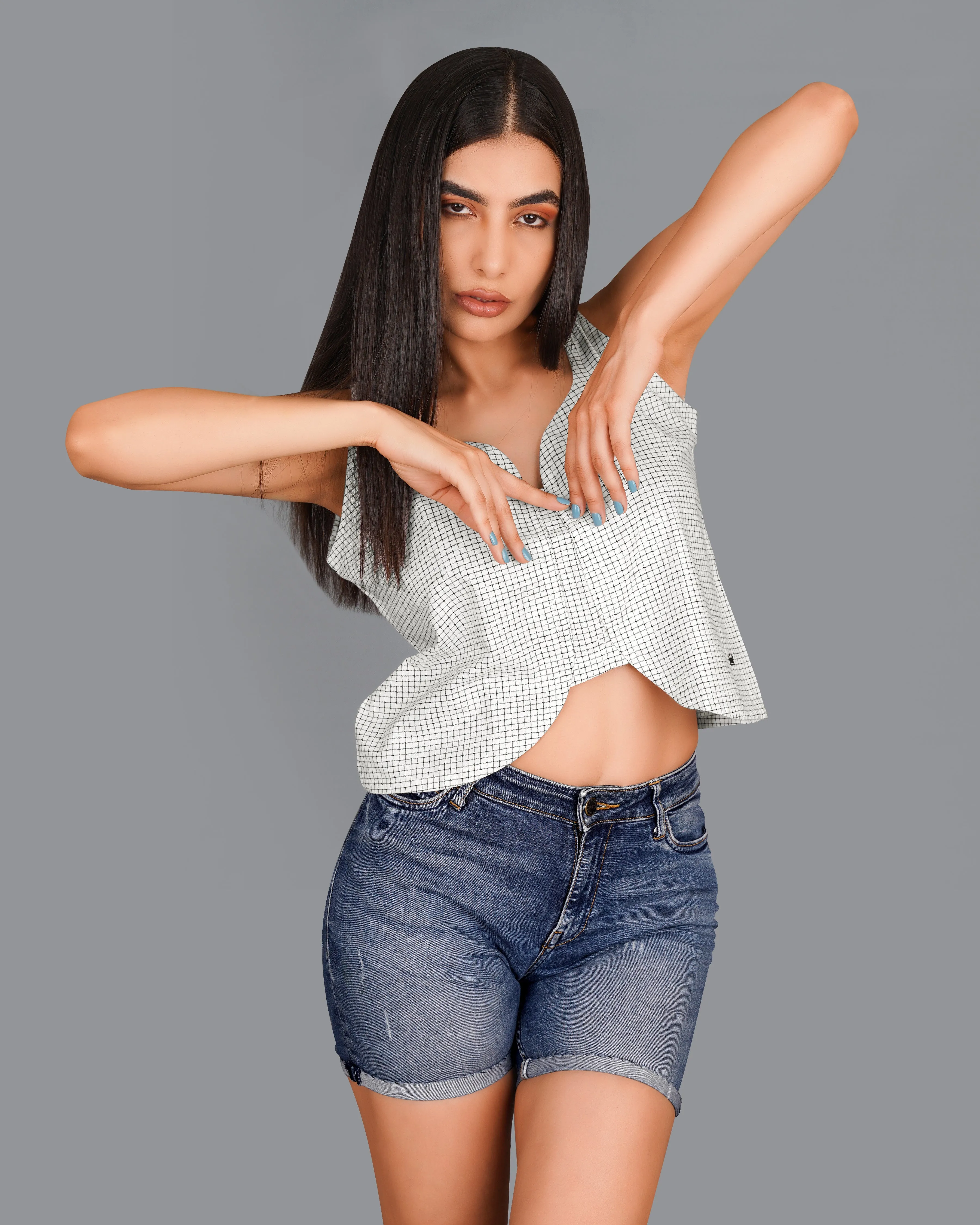 Bright White and Black Checkered Premium Cotton Crop Top