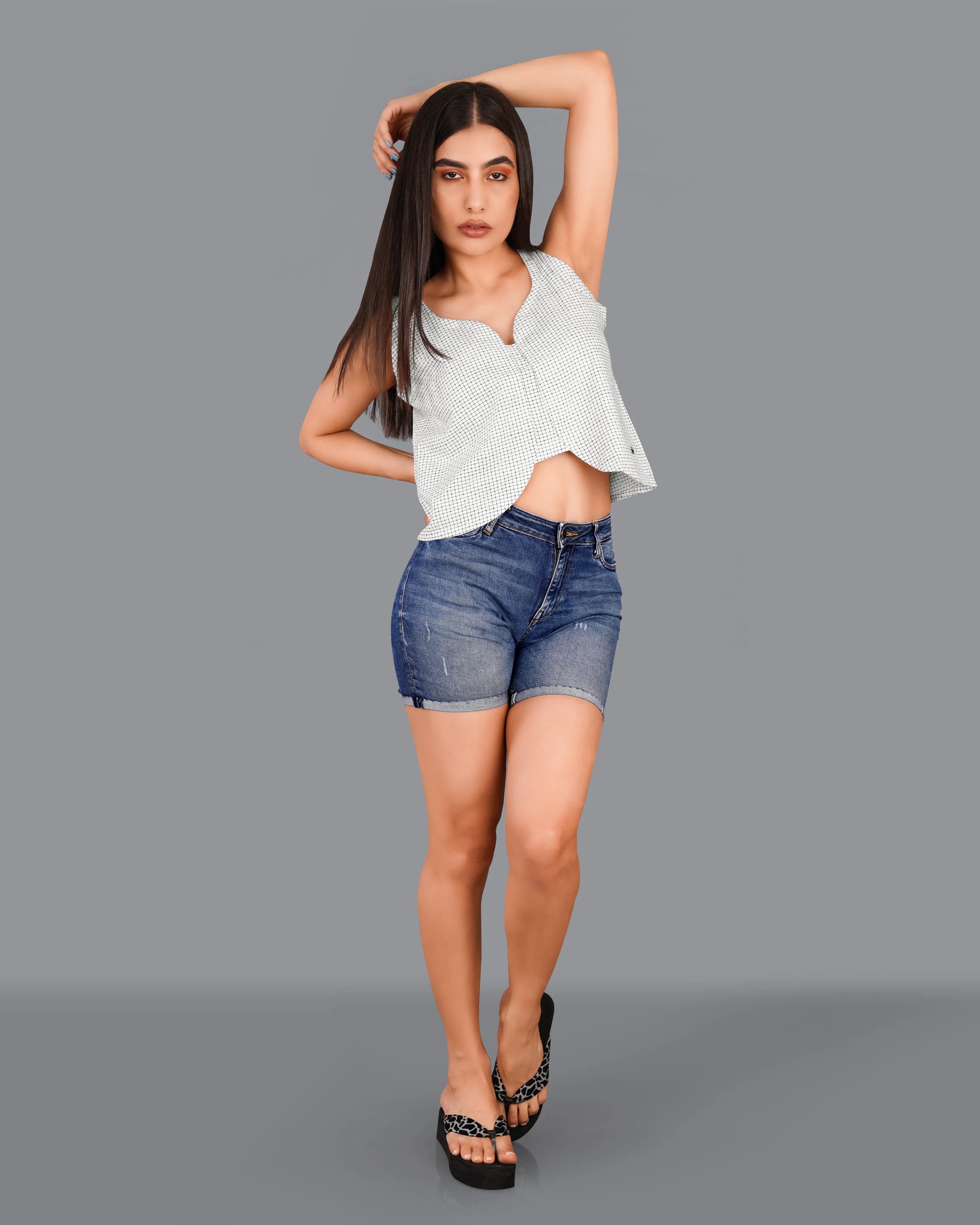 Bright White and Black Checkered Premium Cotton Crop Top