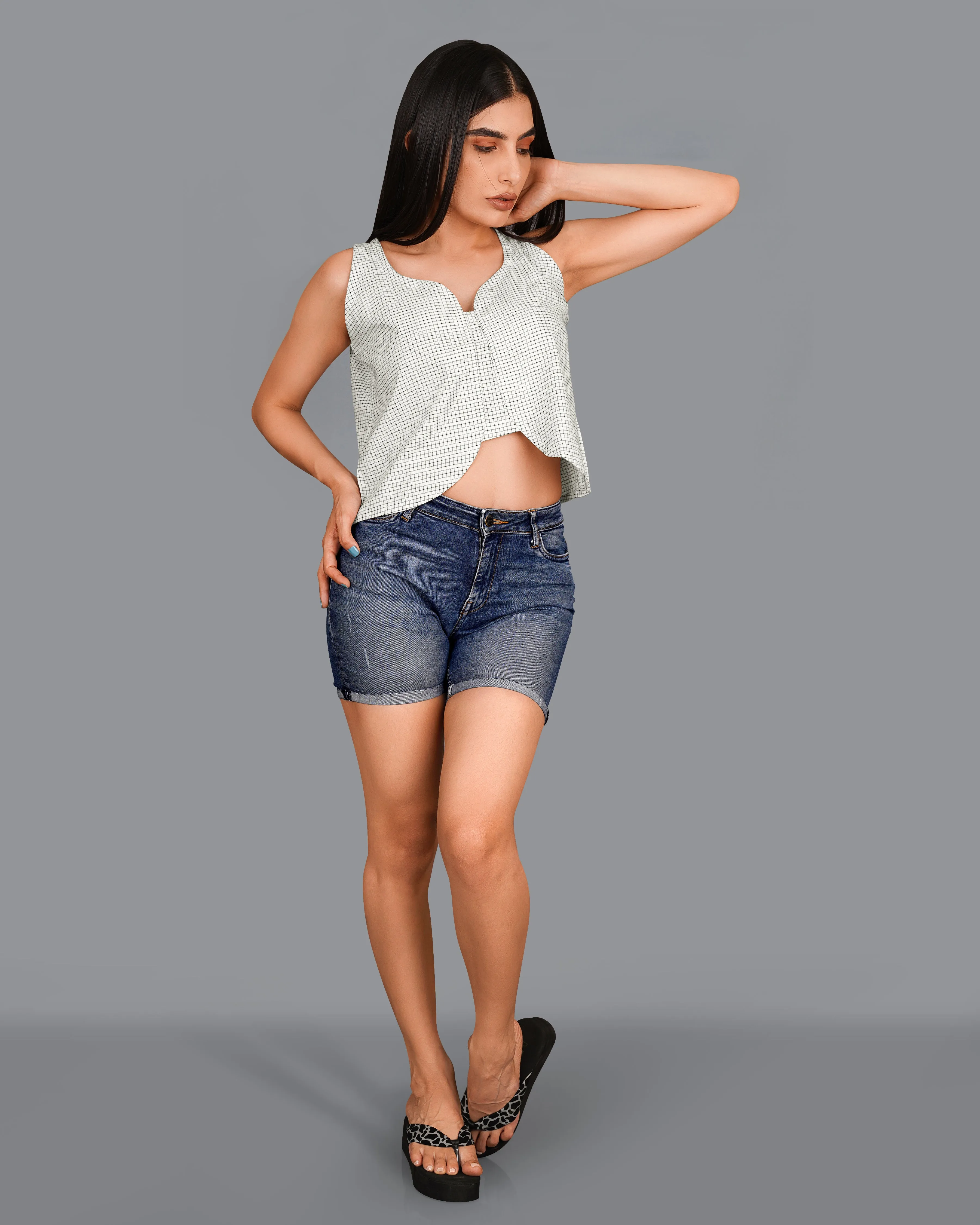 Bright White and Black Checkered Premium Cotton Crop Top