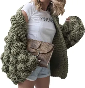 CHARTOU Women's Cute Lantern Sleeve Cable Knit Sweater Jacket Crochet Open Front Cardigan