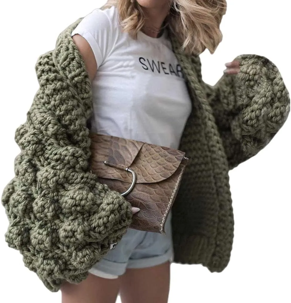 CHARTOU Women's Cute Lantern Sleeve Cable Knit Sweater Jacket Crochet Open Front Cardigan