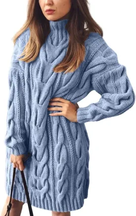 chouyatou Women's Oversized Cable Knit Midi Sweater Dress Turtleneck Long Sleeve Pullover Jumper Tops