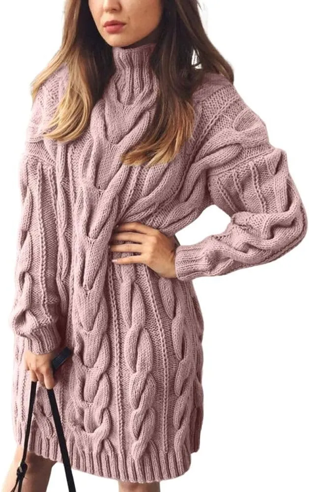 chouyatou Women's Oversized Cable Knit Midi Sweater Dress Turtleneck Long Sleeve Pullover Jumper Tops