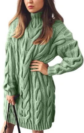 chouyatou Women's Oversized Cable Knit Midi Sweater Dress Turtleneck Long Sleeve Pullover Jumper Tops