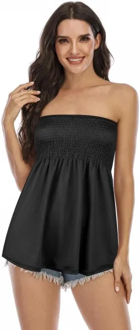 Comeon Women's Strapless Sleeveless Tube Tops Pleated Stretch Tunic Tanks Summer Blouse Cami Shirt