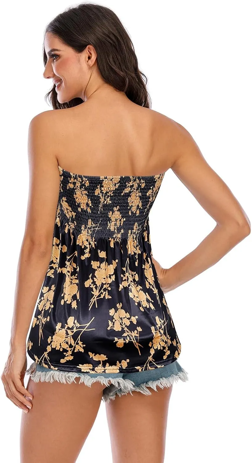 Comeon Women's Strapless Sleeveless Tube Tops Pleated Stretch Tunic Tanks Summer Blouse Cami Shirt