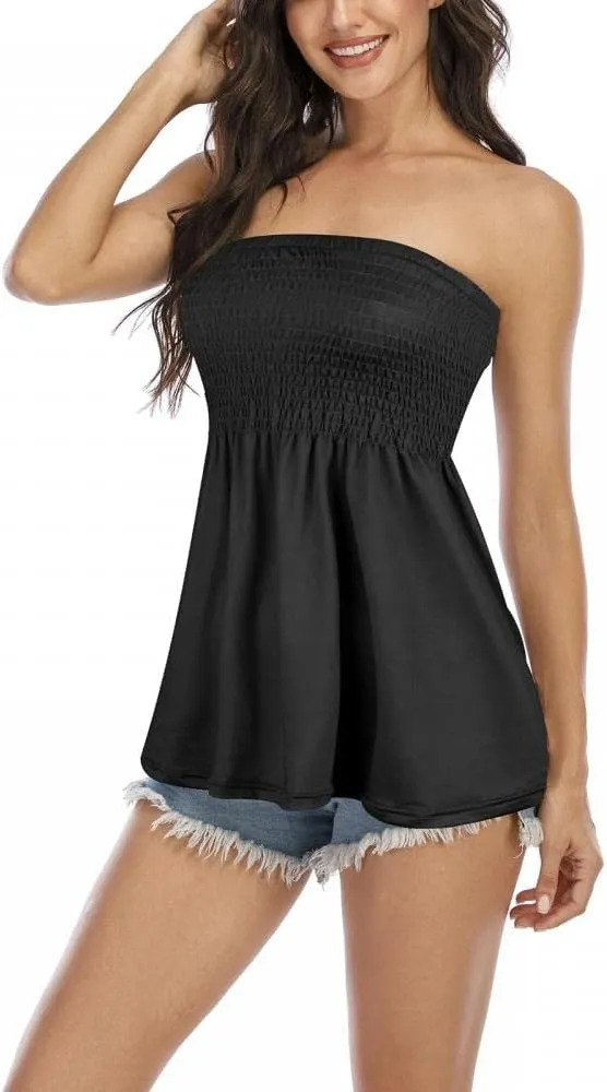 Comeon Women's Strapless Sleeveless Tube Tops Pleated Stretch Tunic Tanks Summer Blouse Cami Shirt