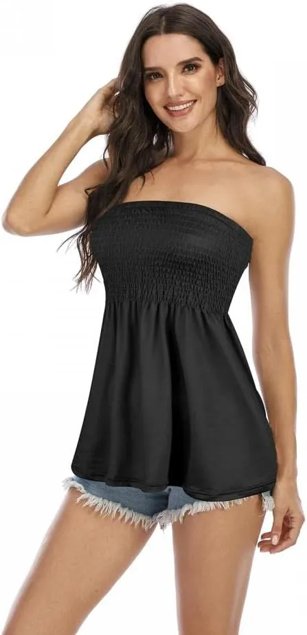 Comeon Women's Strapless Sleeveless Tube Tops Pleated Stretch Tunic Tanks Summer Blouse Cami Shirt