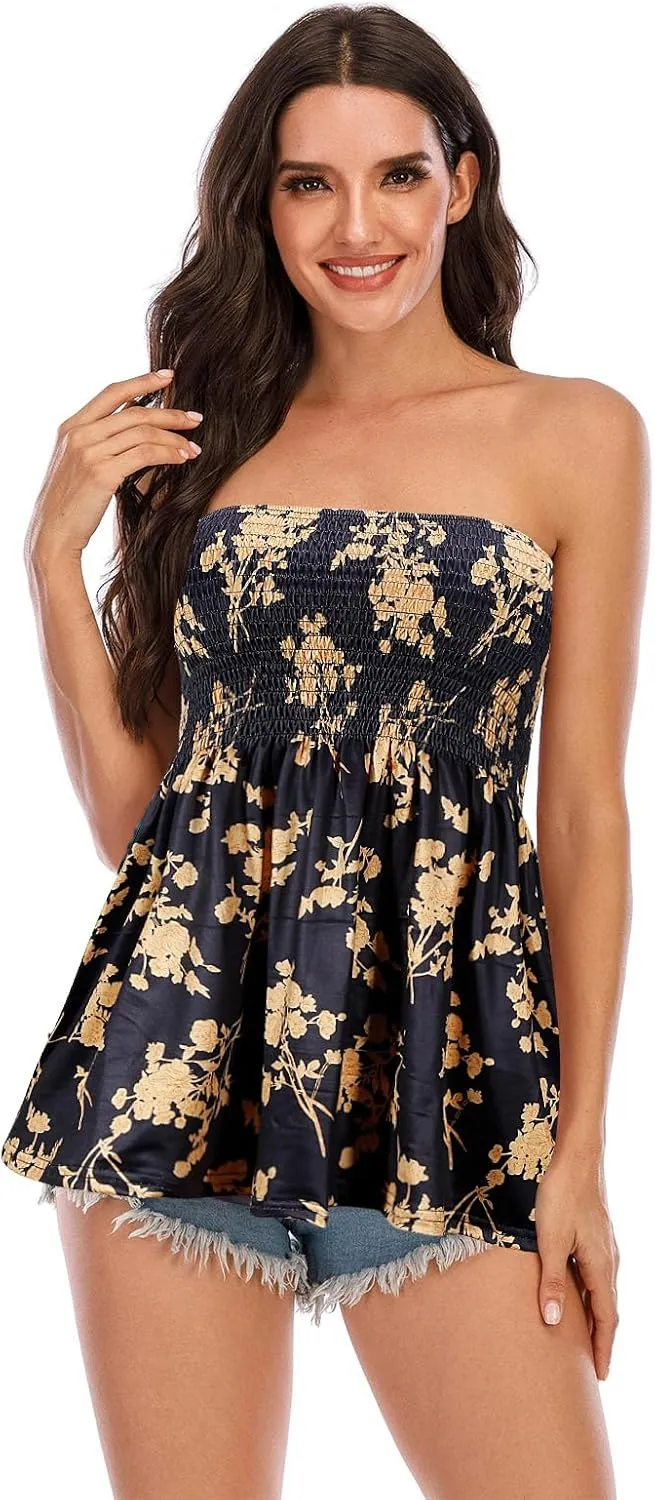 Comeon Women's Strapless Sleeveless Tube Tops Pleated Stretch Tunic Tanks Summer Blouse Cami Shirt
