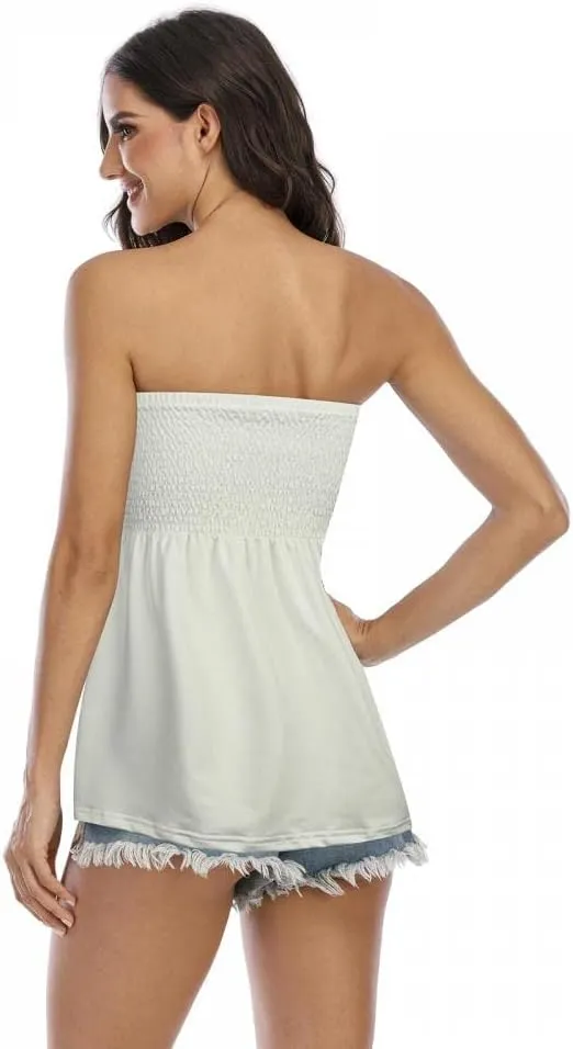 Comeon Women's Strapless Sleeveless Tube Tops Pleated Stretch Tunic Tanks Summer Blouse Cami Shirt