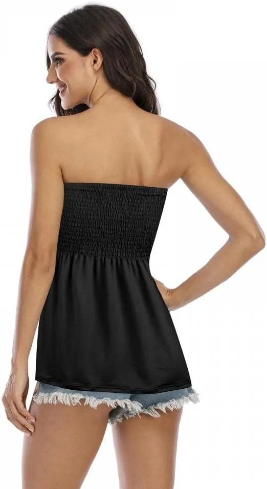 Comeon Women's Strapless Sleeveless Tube Tops Pleated Stretch Tunic Tanks Summer Blouse Cami Shirt