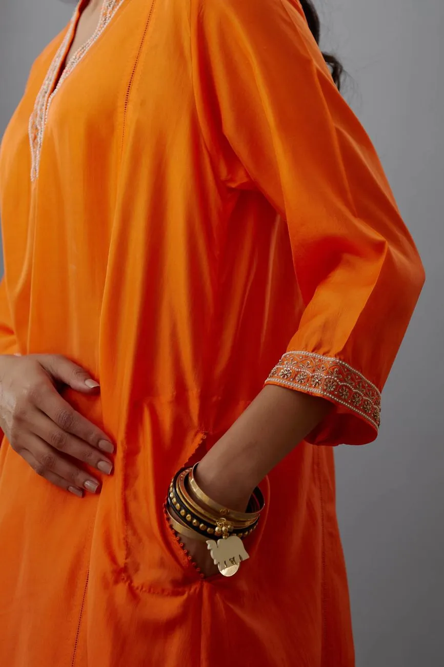 Coral Hand Embroidered Tunic Set