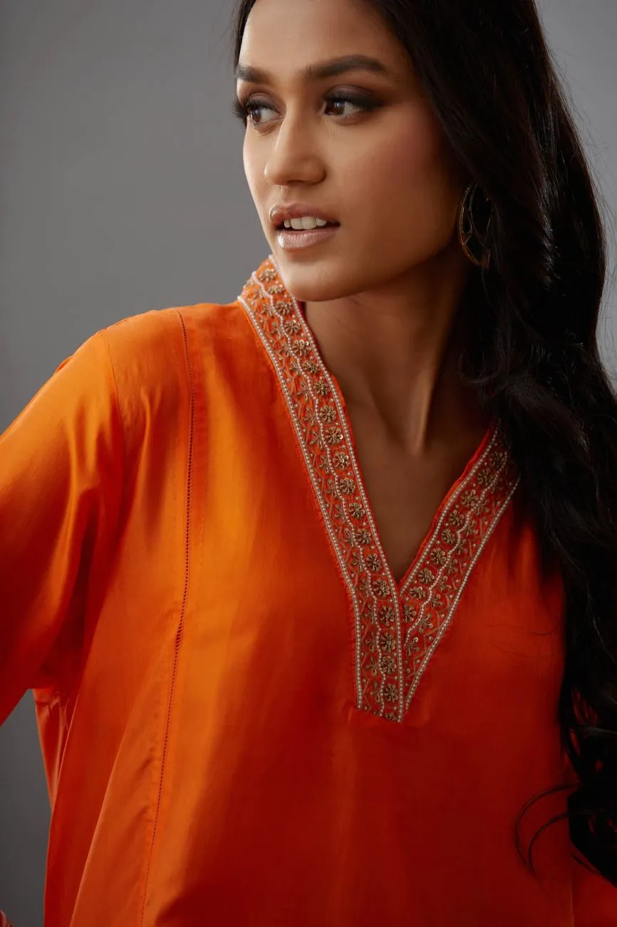 Coral Hand Embroidered Tunic Set