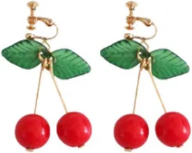 Cute Cherry Clip on Fruit Earrings for Women Red Cherry Ear Clips Dangle Drop Jewelry 