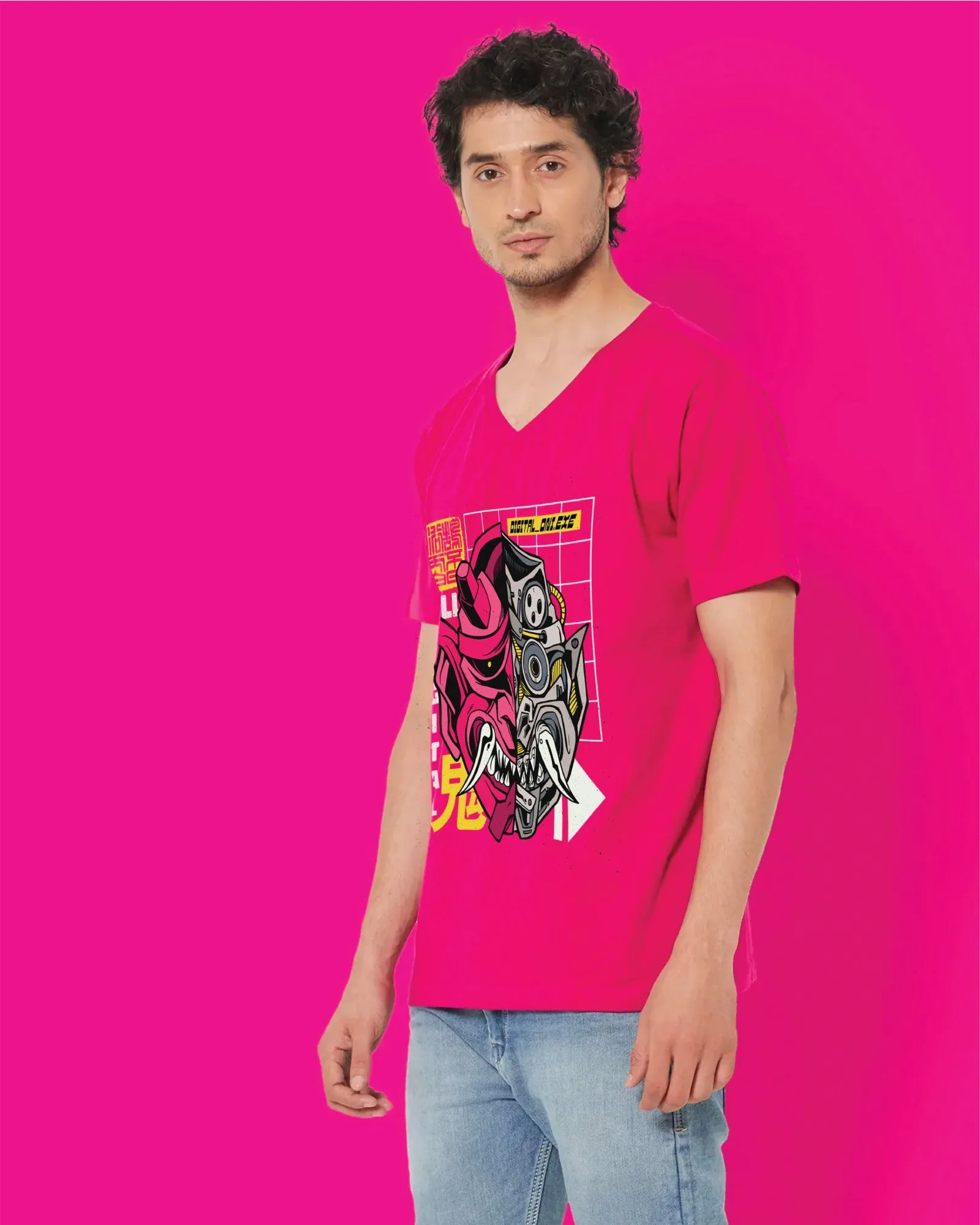 Cyber Monster V Neck: Fuchsia