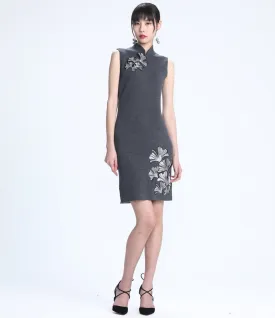 Dark Grey Ginkgo Leaf Embroidery Knit Qipao