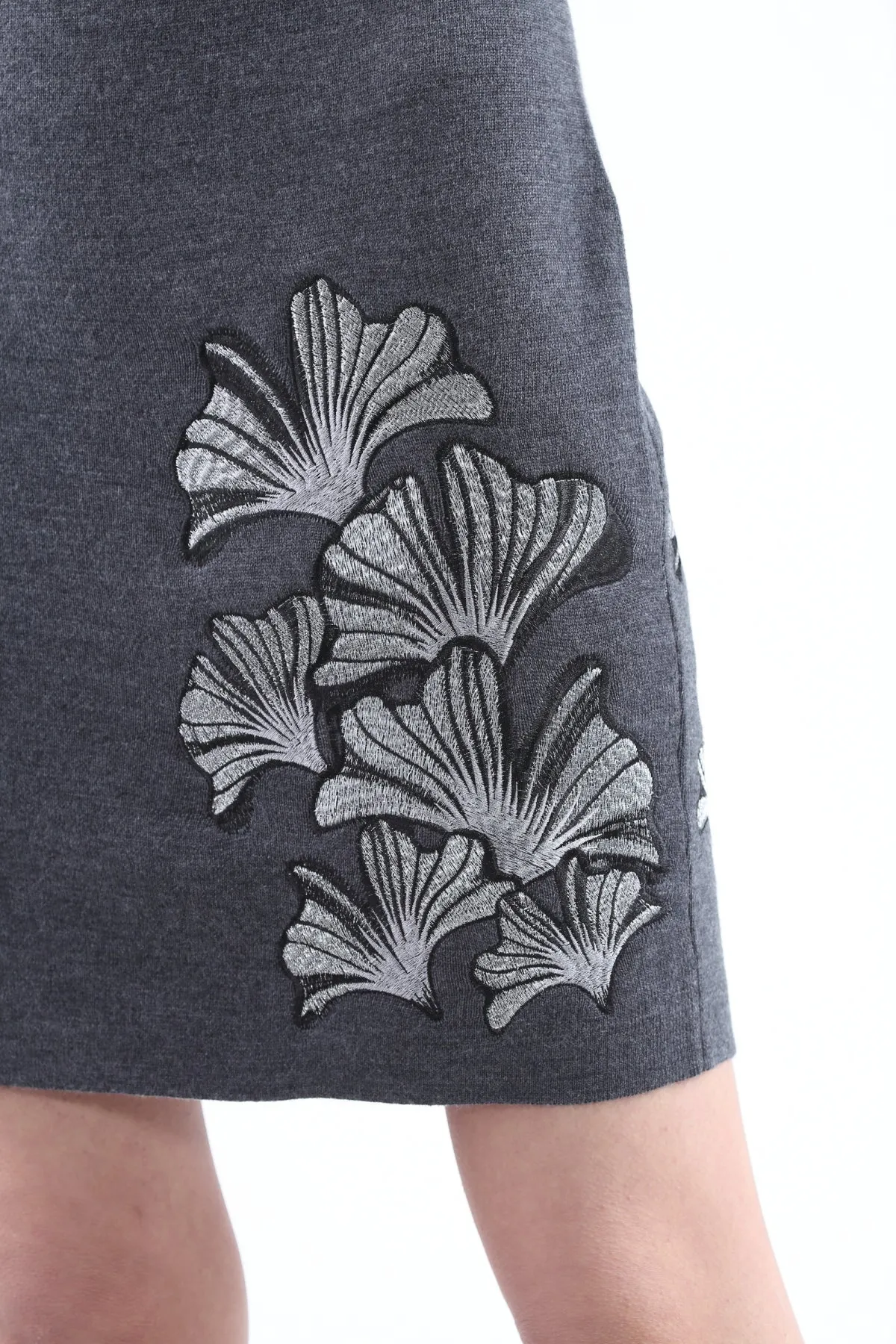 Dark Grey Ginkgo Leaf Embroidery Knit Qipao