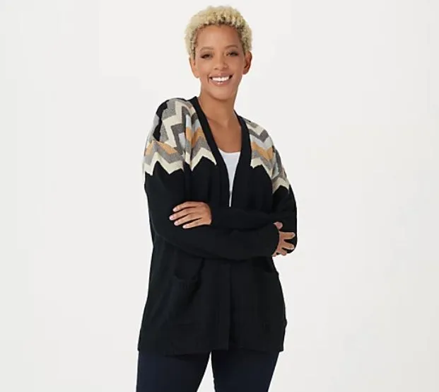 Denim & Co. Petite Jacquard Long Sleeve Open Front Cardigan