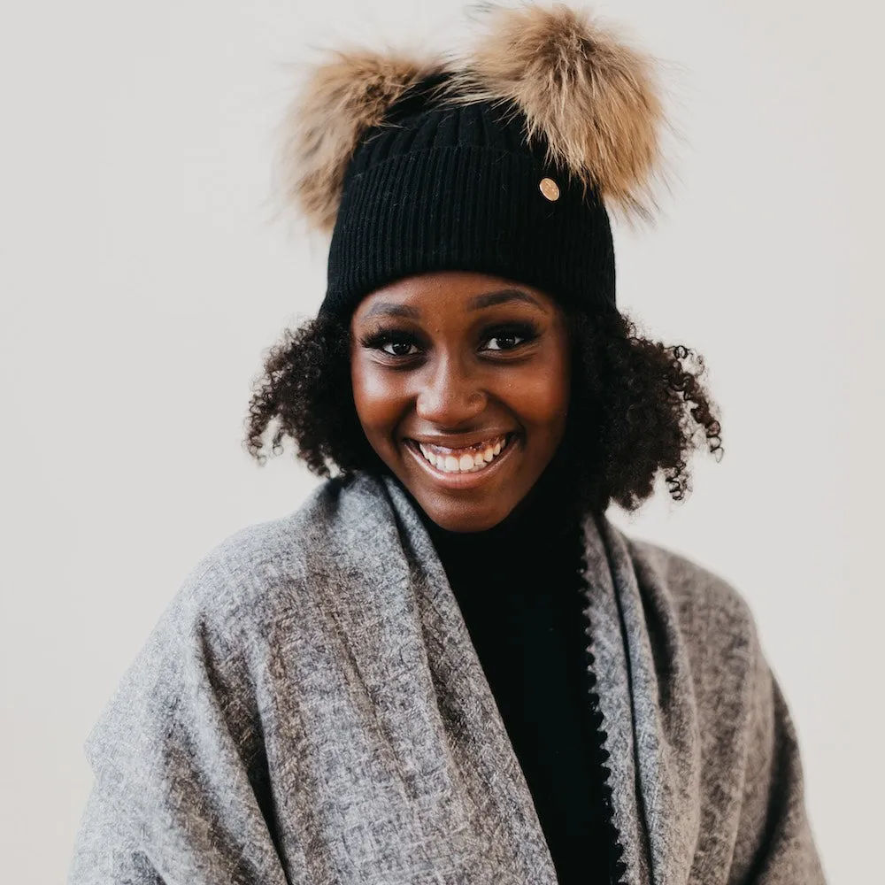 Double Fur Pom, Angora Knit Beanie