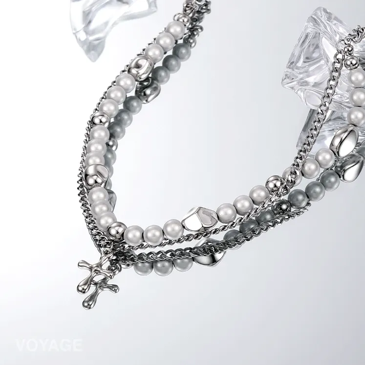 Double Layer Faux Pearl Chain Necklace with Cross Pendant