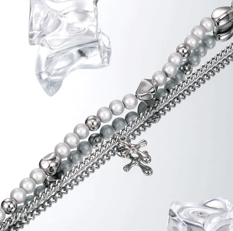 Double Layer Faux Pearl Chain Necklace with Cross Pendant