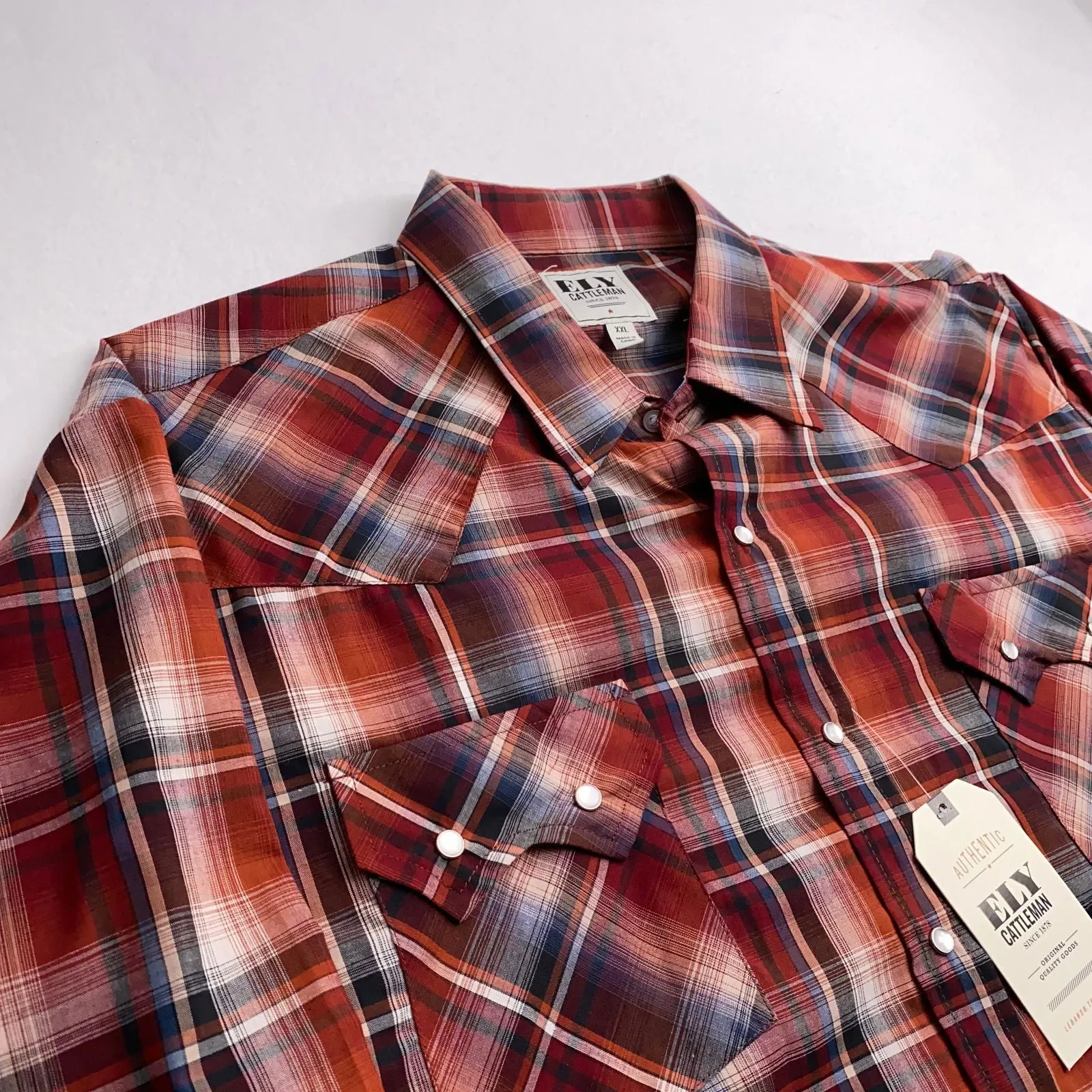 Ely Cattleman Mens Western Snap Shirt | XXL | Red Plaid | Pearl Snap Buttons | NWT