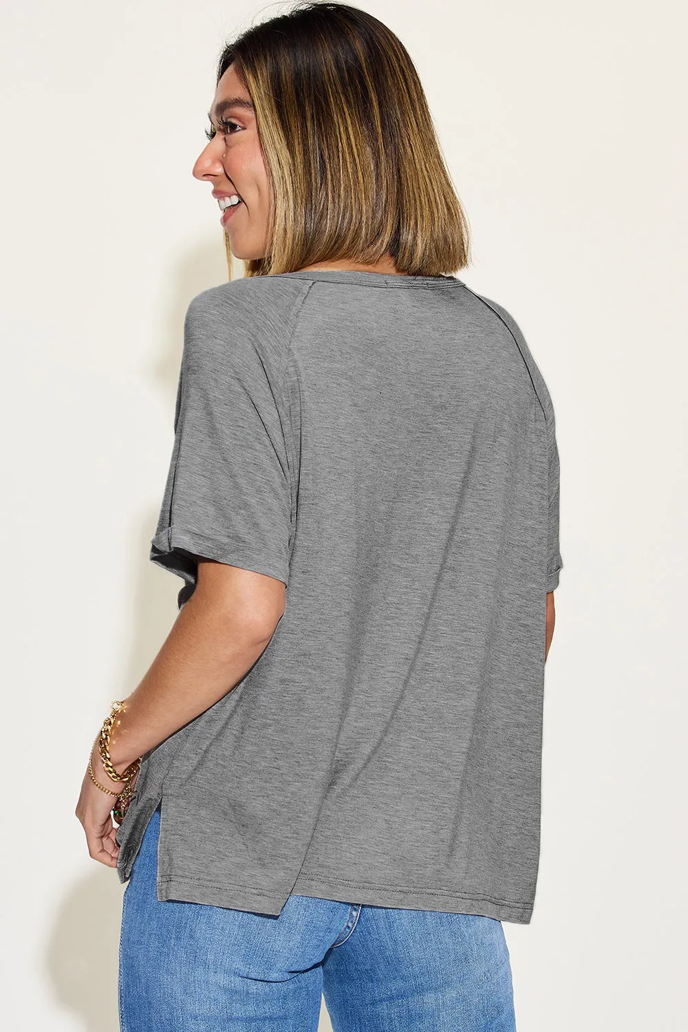 Explore More Collection - Basic Bae Full Size Bamboo Slit V-Neck Short Sleeve T-Shirt