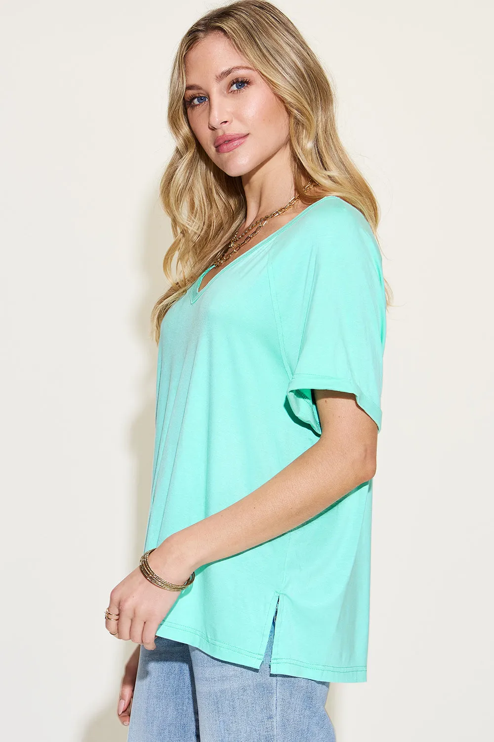 Explore More Collection - Basic Bae Full Size Bamboo Slit V-Neck Short Sleeve T-Shirt