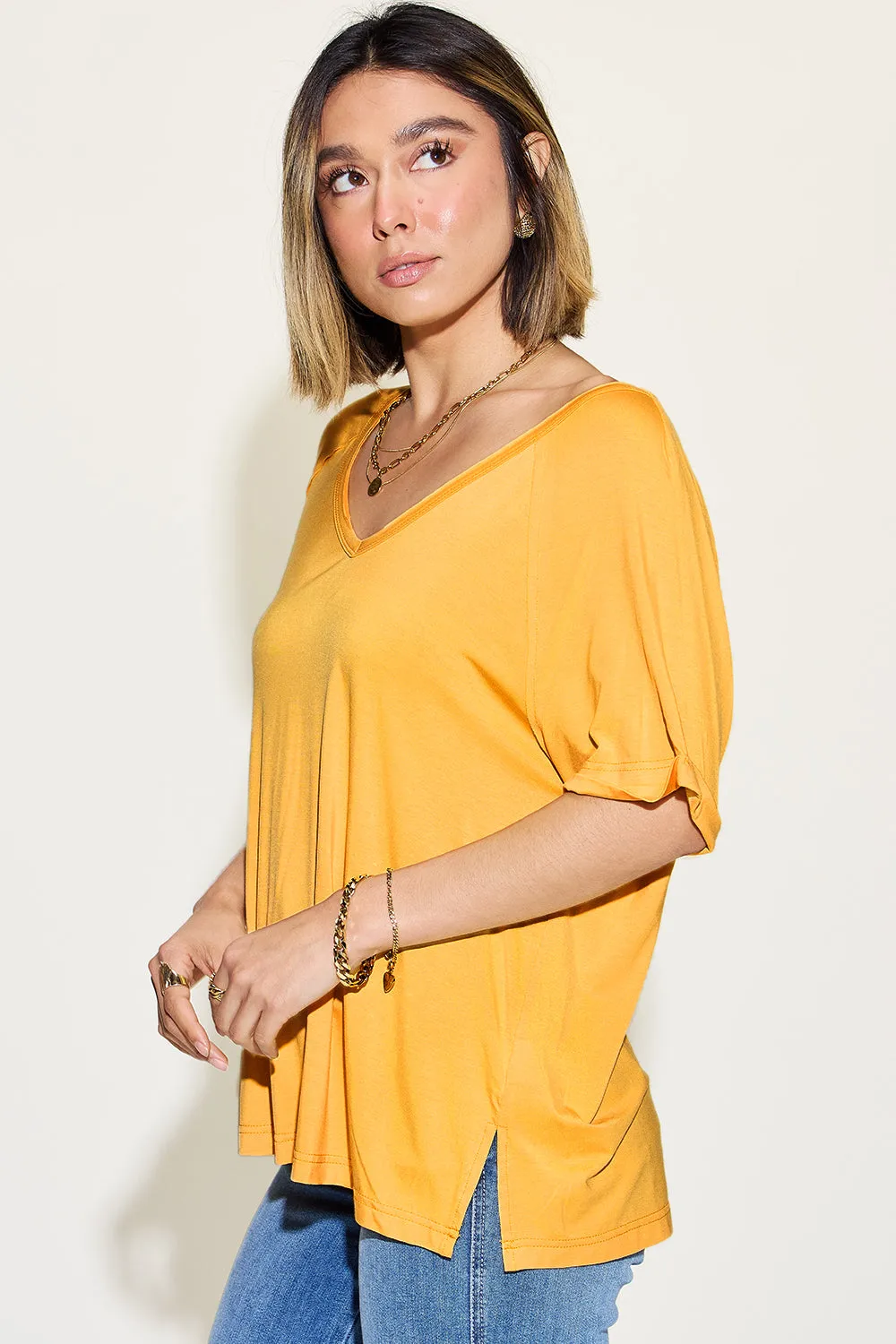 Explore More Collection - Basic Bae Full Size Bamboo Slit V-Neck Short Sleeve T-Shirt