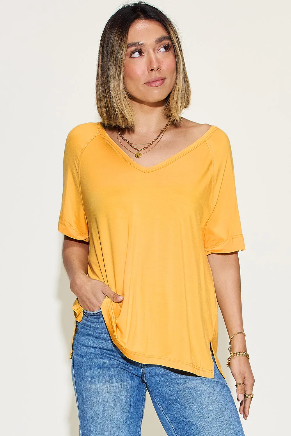 Explore More Collection - Basic Bae Full Size Bamboo Slit V-Neck Short Sleeve T-Shirt