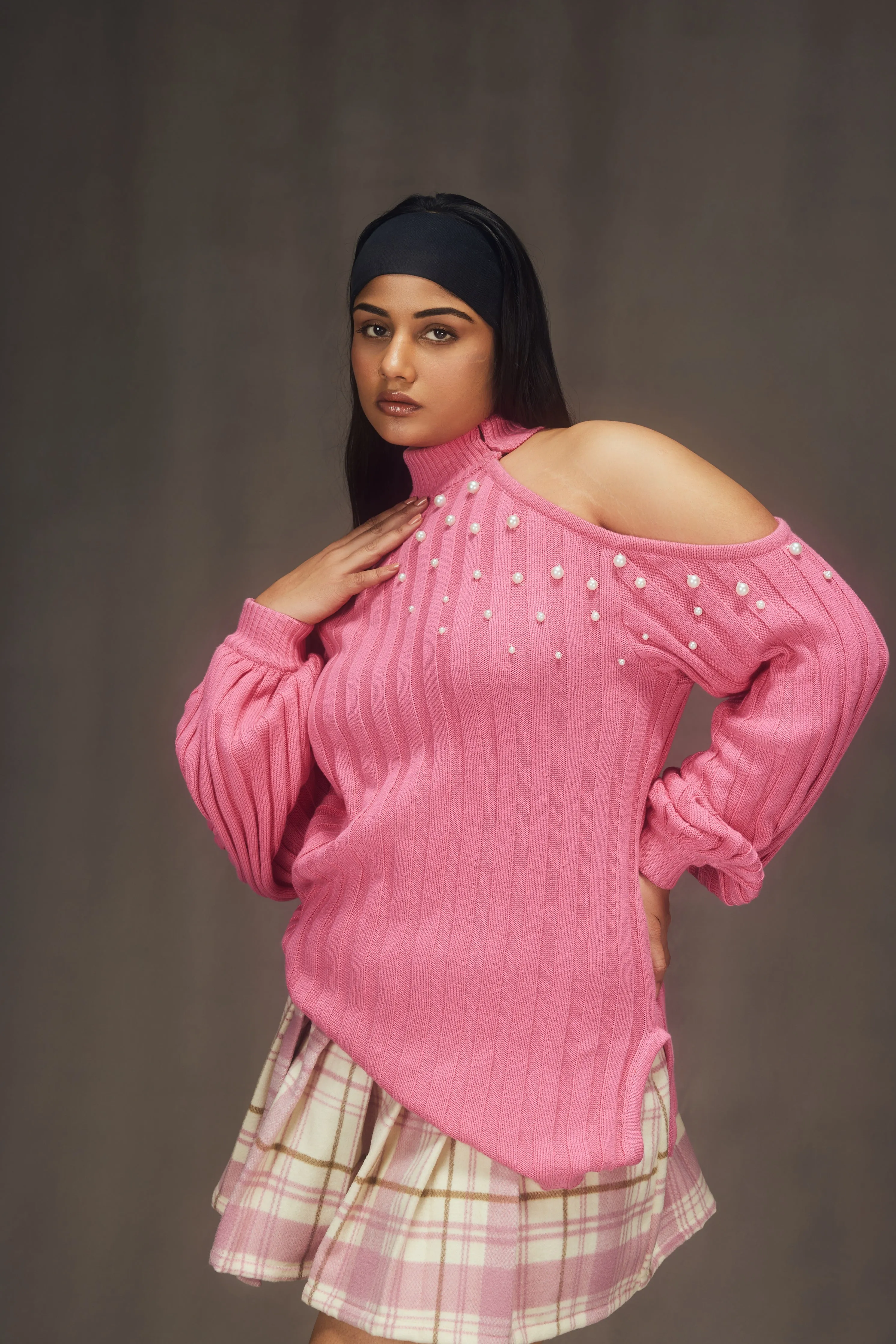 Faustine Pink Off Shoulder Sweater and Checkered Skirt Set