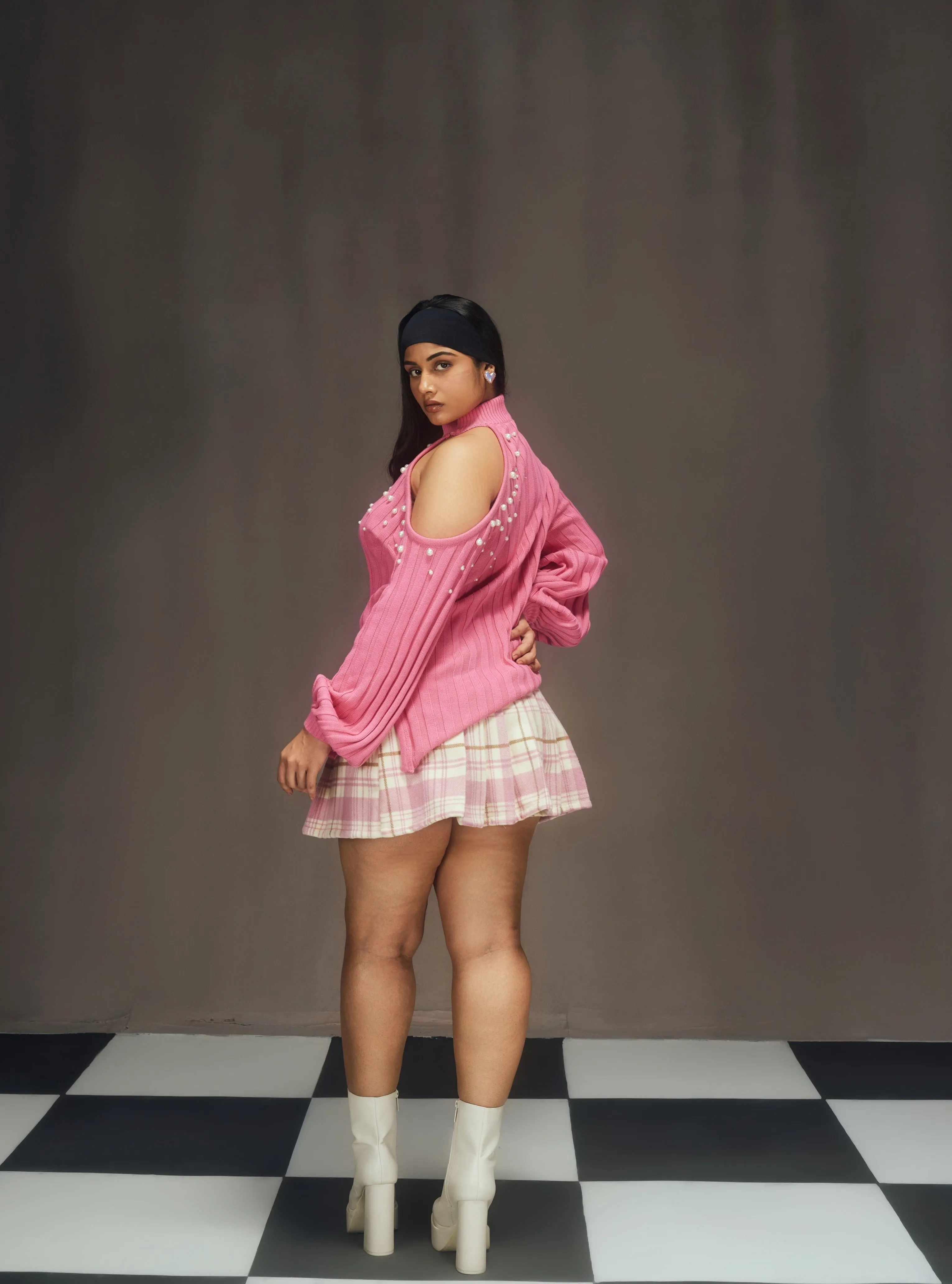 Faustine Pink Off Shoulder Sweater and Checkered Skirt Set