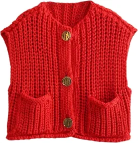 FindThy Womens Cropped Sweater Vest Cute Crewneck Button Down Sleeveless Crop Knit Cardigan with Pocket