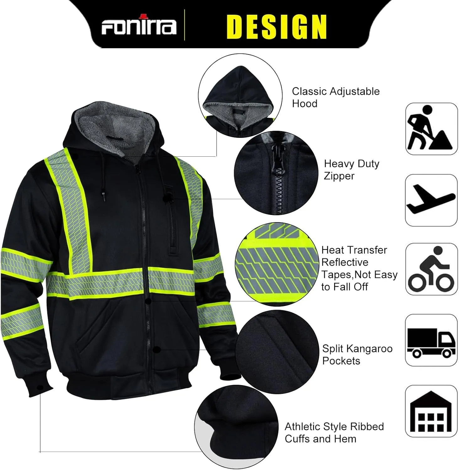 FONIRRA Men's High Visibility Safety ANSI Class 3 Lined Fleece Hoodie Sweatshirt with Black Bottom Jumper Workwear for Men(Black,M)