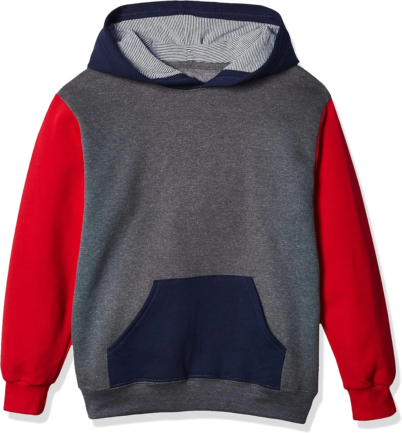 Fruit of the Loom Boys' Fleece Hoodie Sweatshirt, Charcoal Heather/True RED/Ghost Times Square Navy Stripe, X-Large
