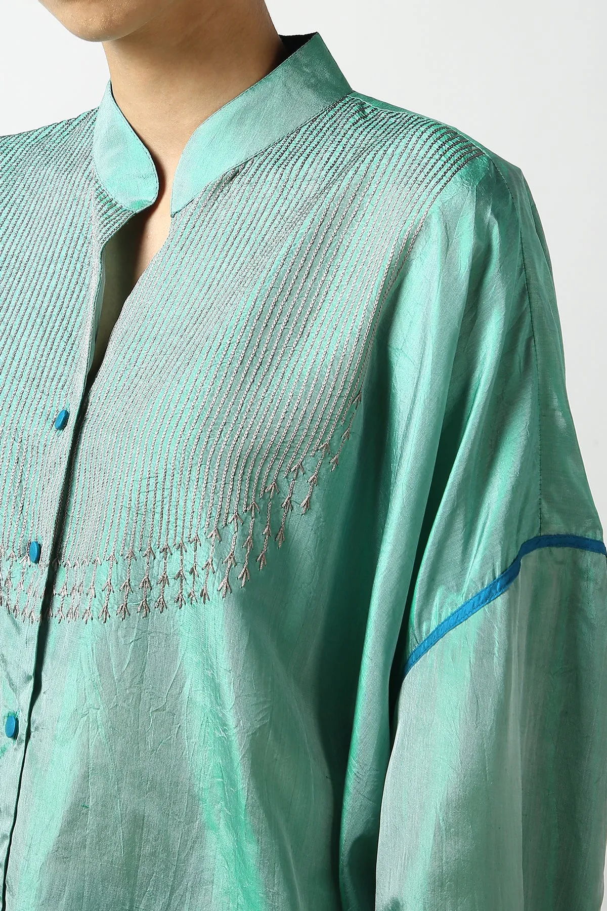 Green Raw Silk Hand Embroidered Short Phiran Top