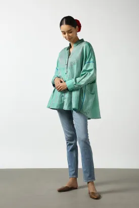 Green Raw Silk Hand Embroidered Short Phiran Top