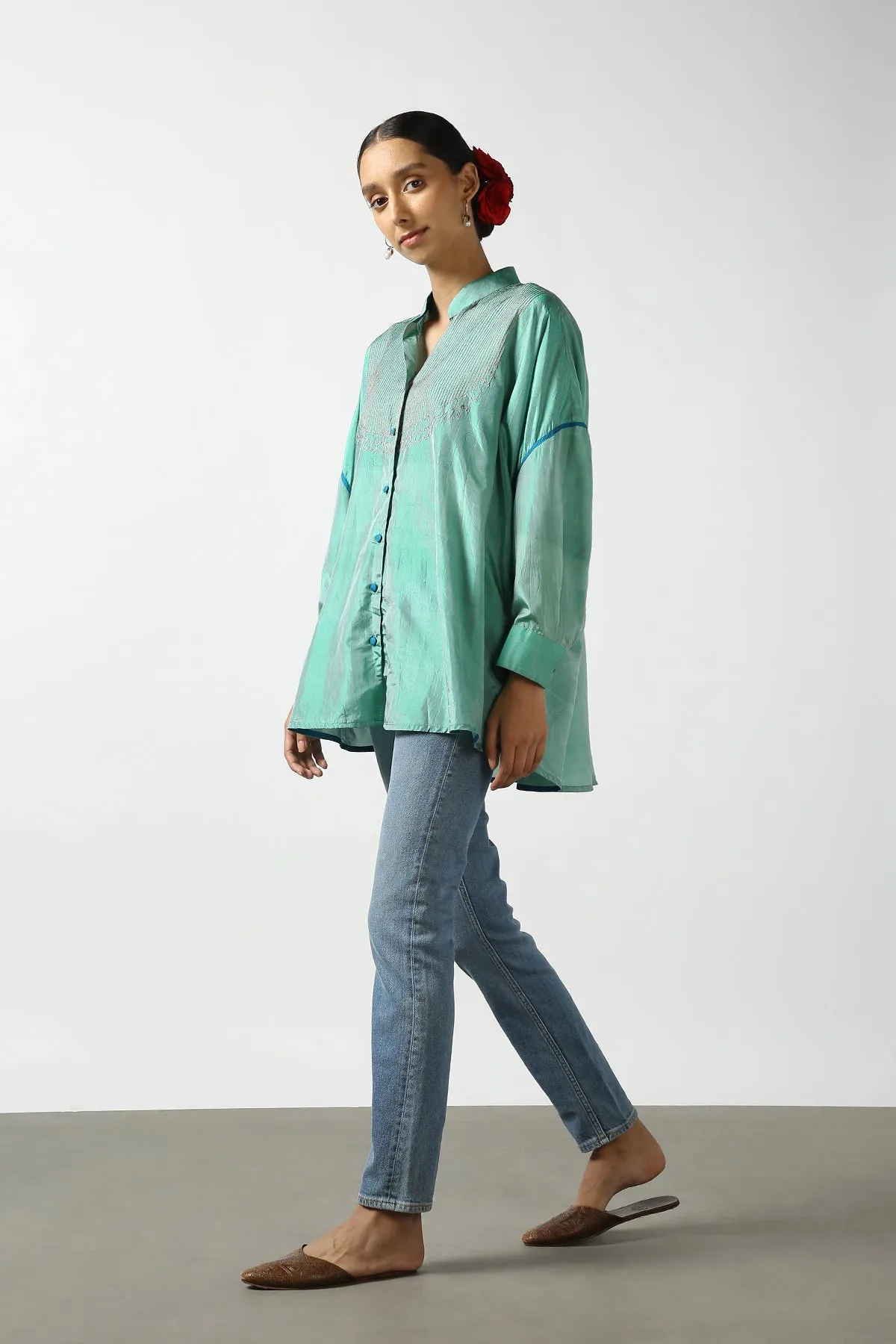 Green Raw Silk Hand Embroidered Short Phiran Top