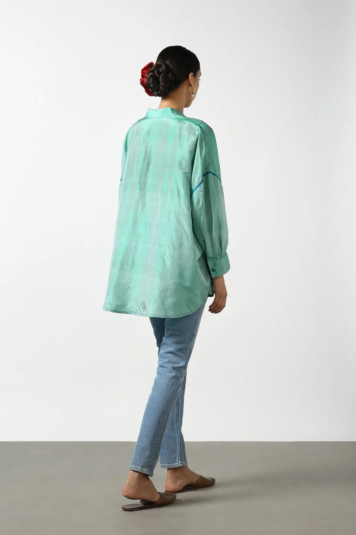 Green Raw Silk Hand Embroidered Short Phiran Top