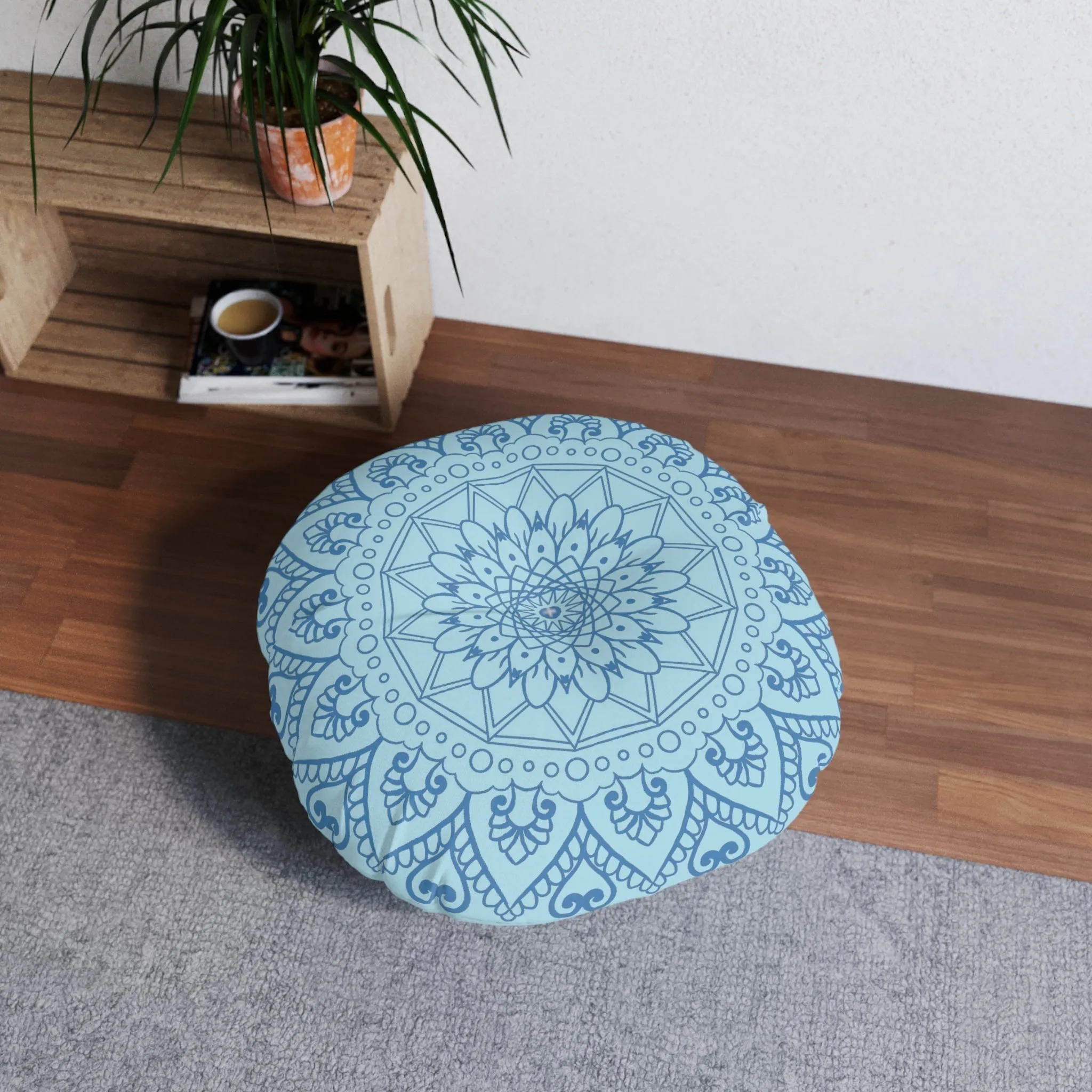 Handmade Mandala Art Floor Cushion - Steel Blue on Light Blue - Tufted