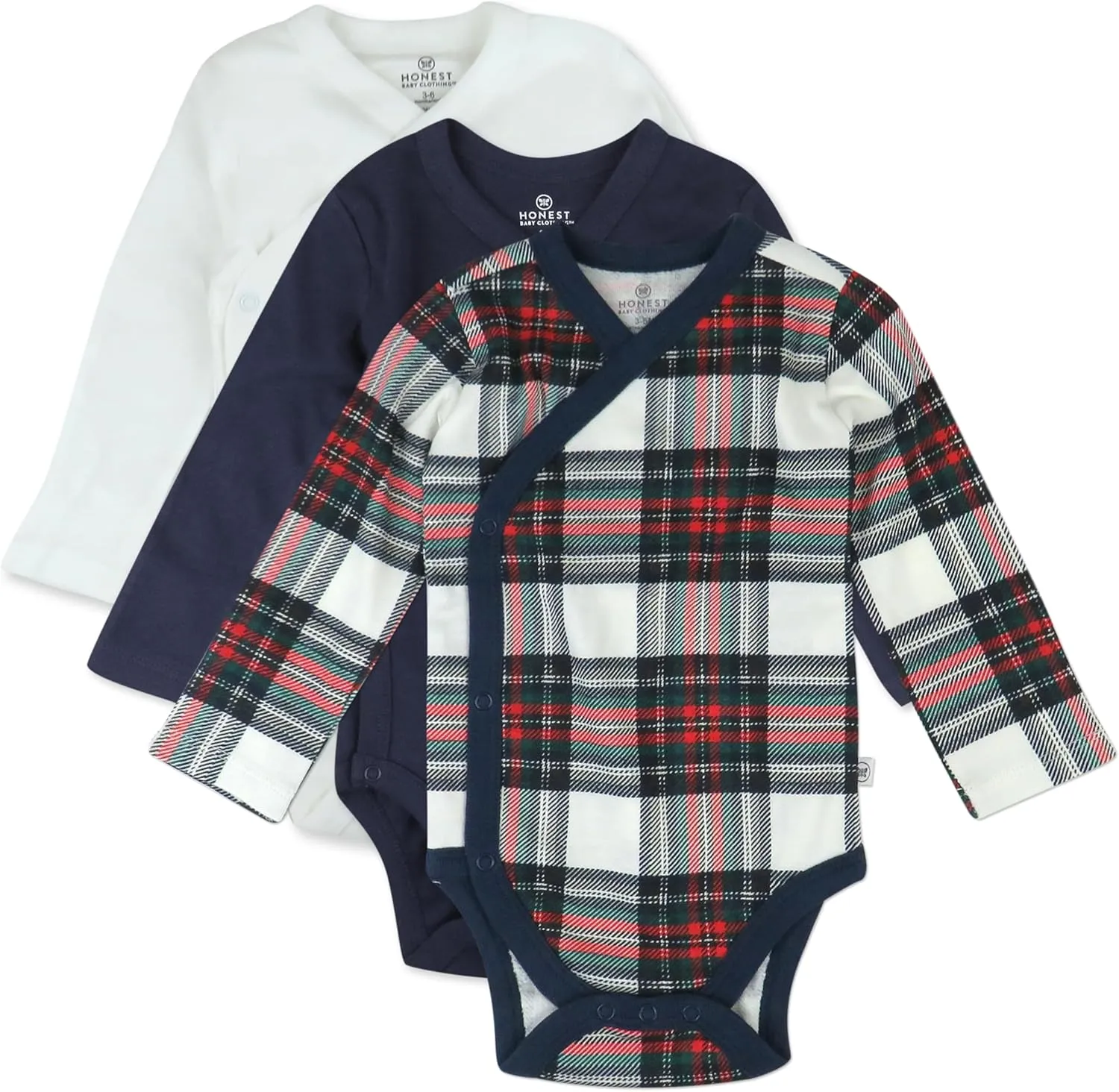 HonestBaby 3-Pack Organic Cotton Long Sleeve Kimono Bodysuits, Red Tartan, Newborn