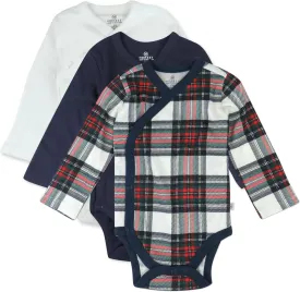 HonestBaby 3-Pack Organic Cotton Long Sleeve Kimono Bodysuits, Red Tartan, Newborn