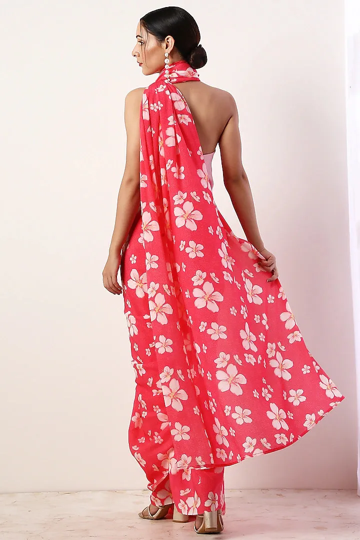Hot Pink Printed Saree Set