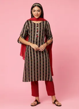 Indiessence Women Black Floral Printed Kurta Trouser Dupatta