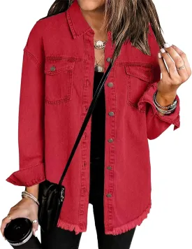 Jean Jacket For Women Slim Fit Denim Jacket Retro Loose Lapel Long Sleeve Button Washed Street Trend Frayed Hem Coat