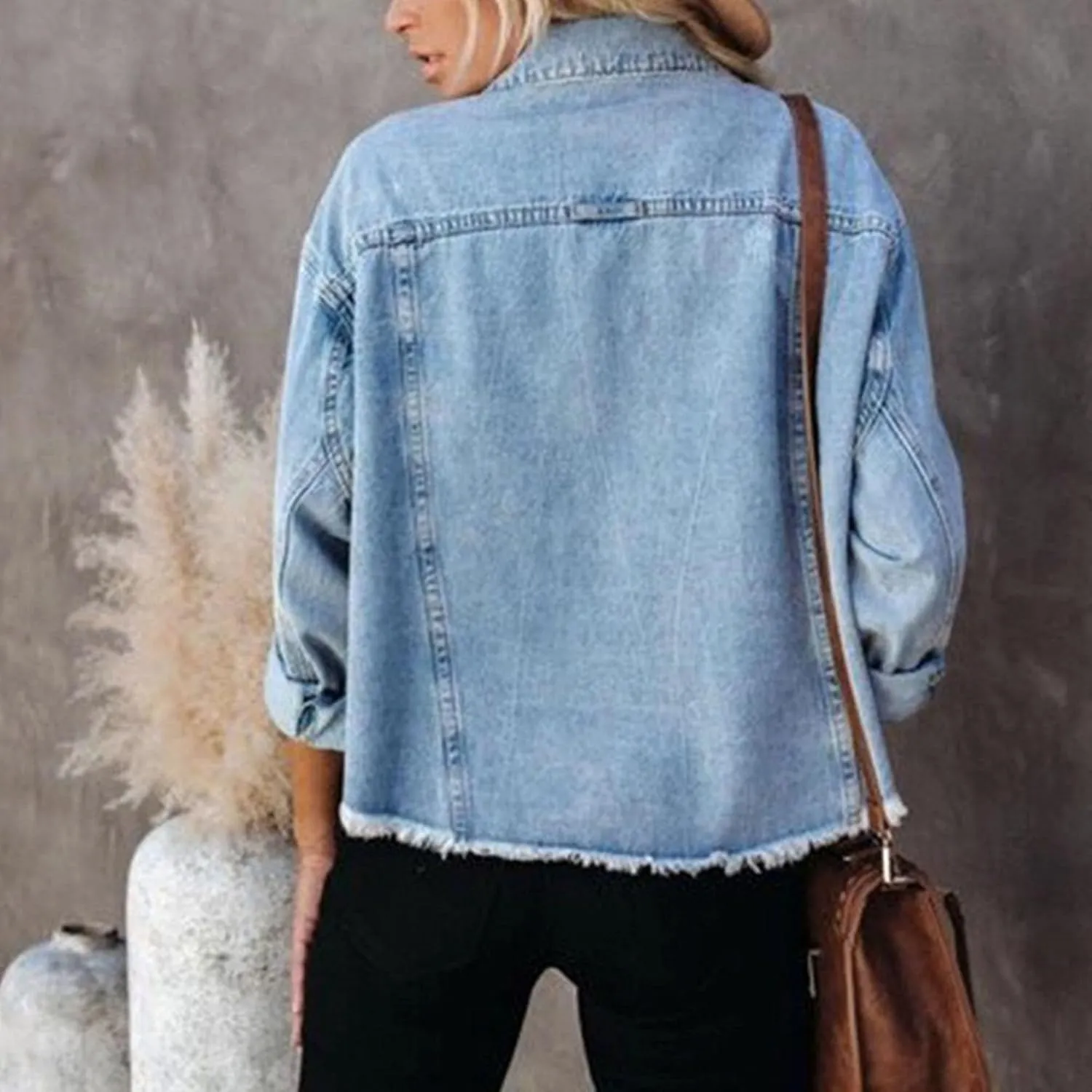 Jean Jacket For Women Trendy Lapel Slim Fit Long Sleeve Jean Coat Washed Raw Edge Cropped Loose Casual Denim Jacket
