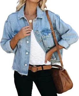 Jean Jacket For Women Trendy Lapel Slim Fit Long Sleeve Jean Coat Washed Raw Edge Cropped Loose Casual Denim Jacket
