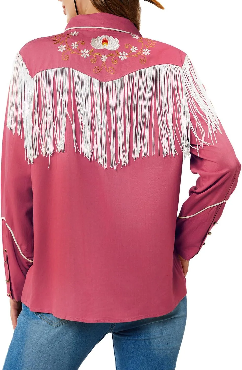 JOHN MOON Women's Floral Embroidered Fringe Western Shirts Rodeo Cowgirl Button Down Blouse Tops Country Style Outfits