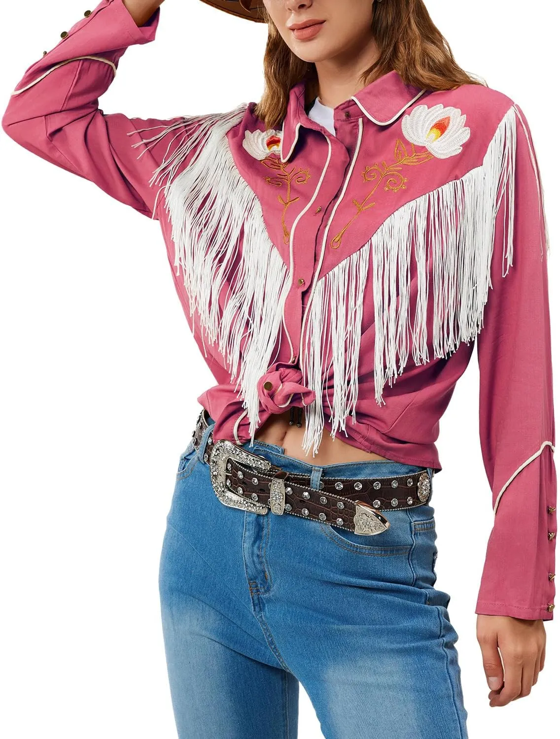 JOHN MOON Women's Floral Embroidered Fringe Western Shirts Rodeo Cowgirl Button Down Blouse Tops Country Style Outfits